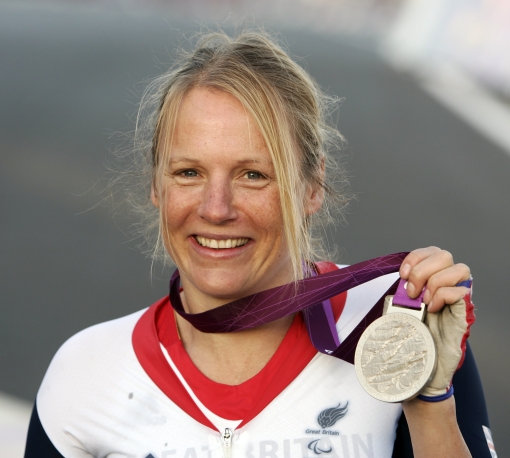 Karen Darke poses with the silver medal she won in the womens Individual H1-2 time Trial held at Brands Hatch Motor Racing Circuit, Kent.  Paralympics London 2012 - ParalympicsGB - Cycling..... 05/09/2012. (Photo: Phil Searle/ParalympicsGB)