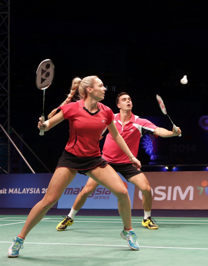 Chris and Gabby Adcock, Superseries Finals, Malaysia, Dec 2013, day 3 vs Olympic champions. Credit: Badminton Photo