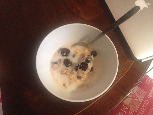 Day One, breakfast. Banana yoghurt with cocoa and pecan granola