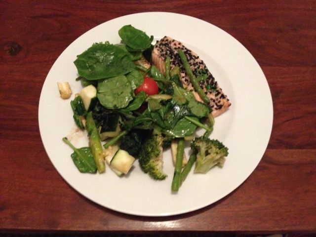 Day one dinner, succulent oriental salmon and broccoli tray bake