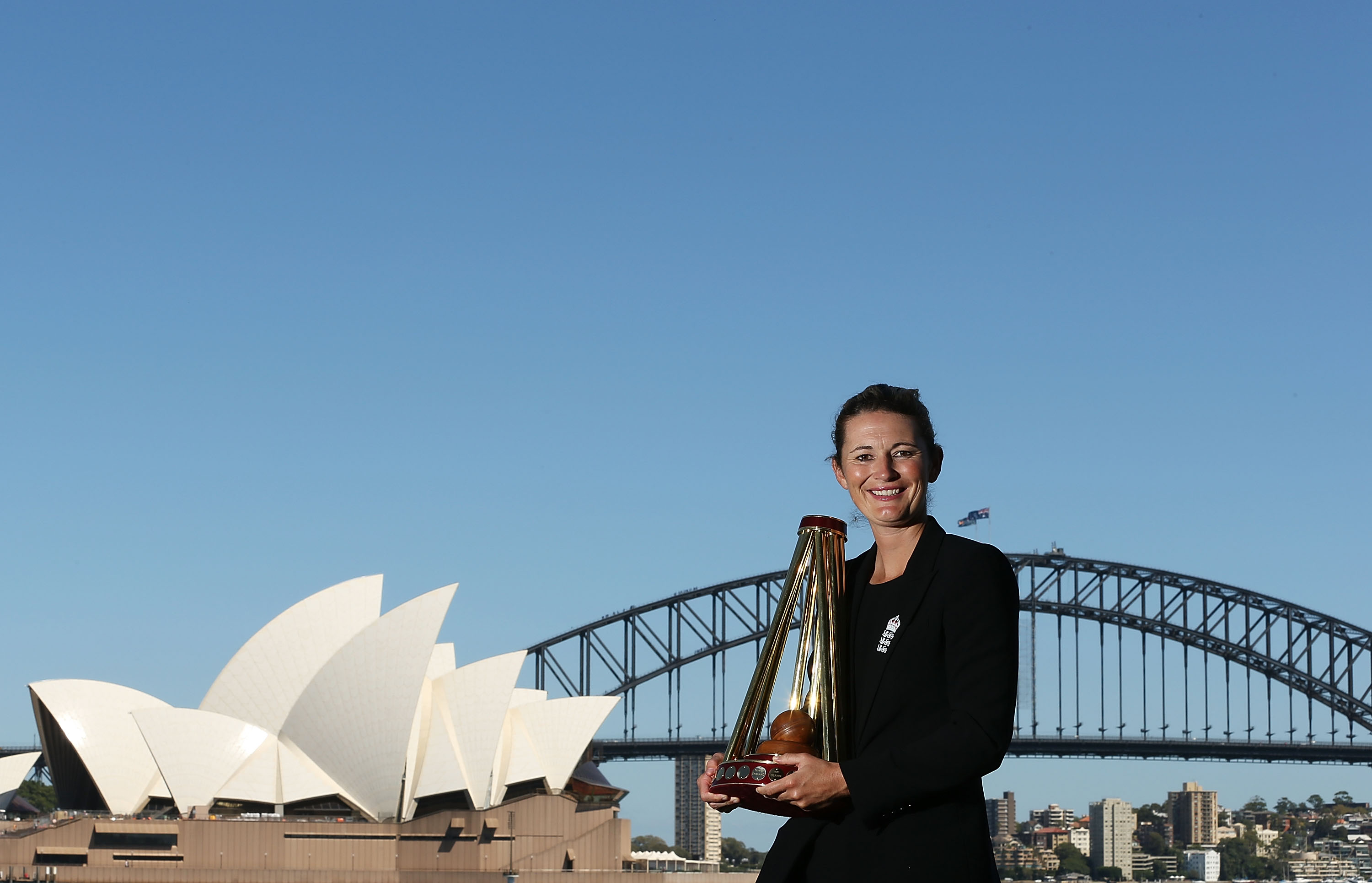 SYDNEY, AUSTRALIA - FEBRUARY 03: England captain Charlotte Edwards poses with the Ashes trophy on February 3, 2014 in Sydney, Australia. (Photo by Mark Metcalfe/Getty Images)