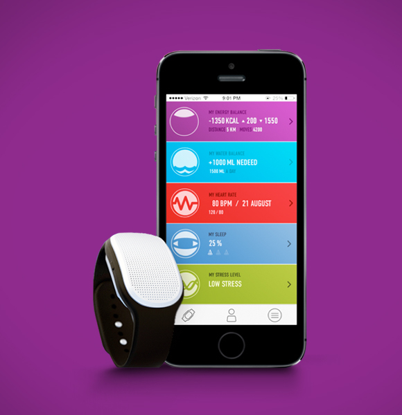 The mobile app comes with a device that has a digital display and is worn on the wrist.