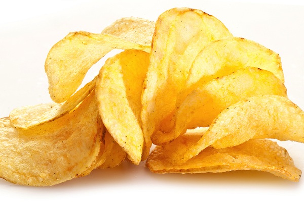 Potato chips on a white background.