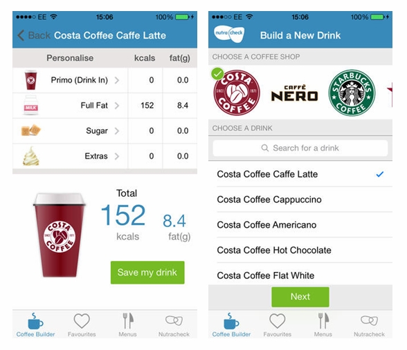 The app allows you to input drink preferences such as milk type, cup size and extras. 