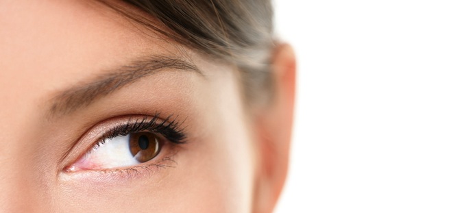 Eye close up - brown eyes looking to side isolated on white background. Mixed race Asian Caucasian w