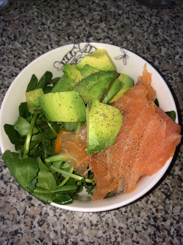 Smoked salmon salad with avocado.