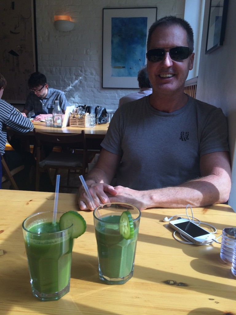 Rick Hay looking like he approves of the green concoctions at Wild Food Cafe in Covernt Garden