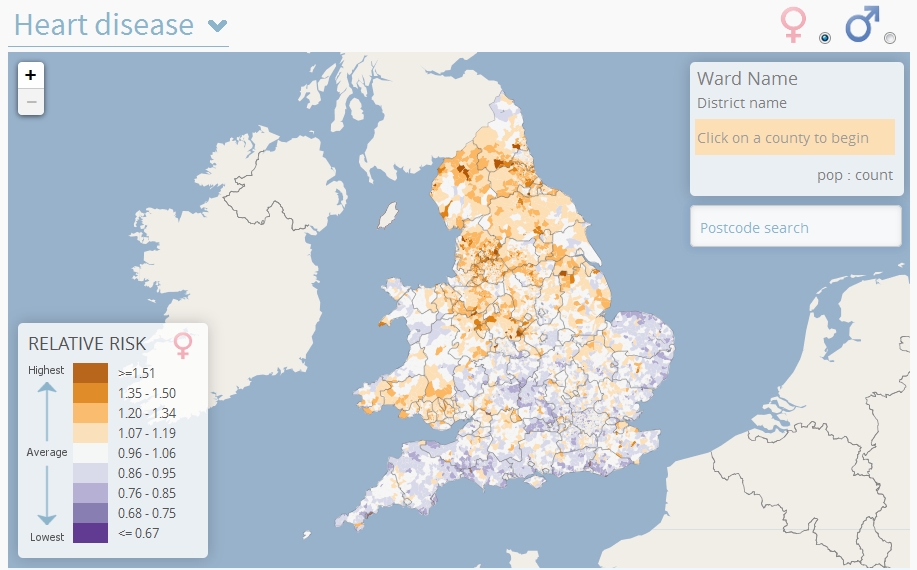 Map showing risk of heart disease for women across England and Wales. Photo: envhealthatlas.co.uk