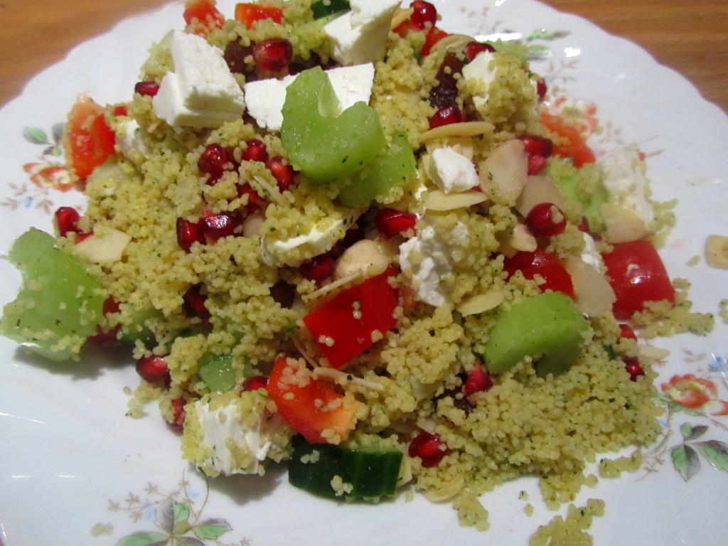 lemon and coriander couscous with feta cheese and flaked almonds