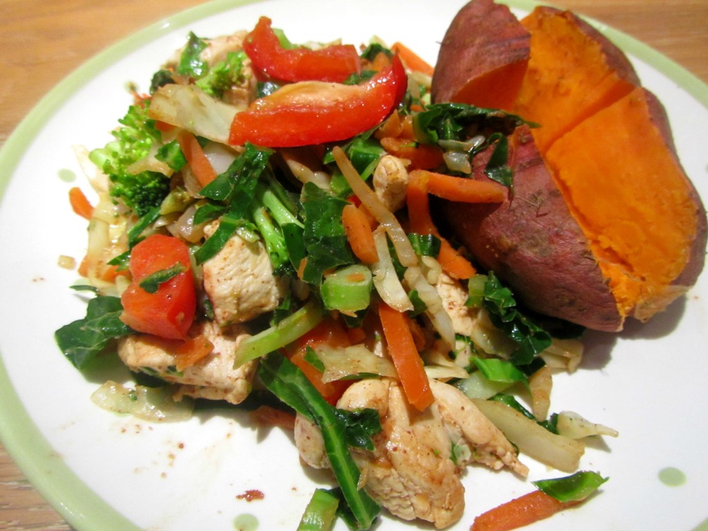 sweet potato with chicken and stir-fried vegetables