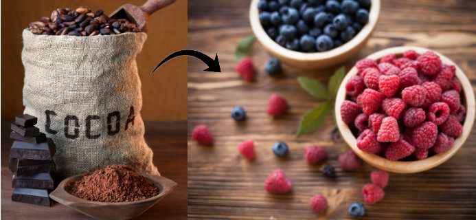 Cacao, blueberries and raspberries, Superfood combinations, by Healthista.com copy