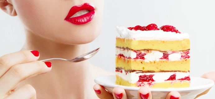 Woman's lips with spoon about to eat cake, 5 tips to stay on the sugar free bandwagon, by Healthista.com