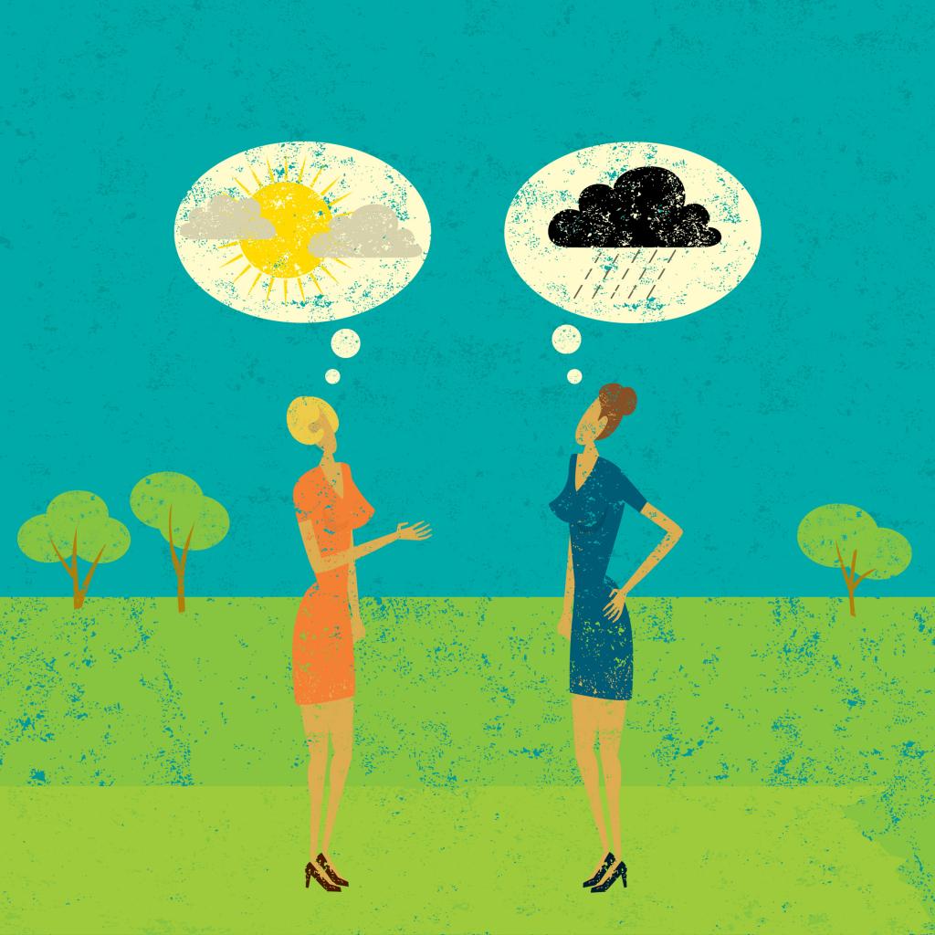 women with clouds over heads, ways to be happier with your words by healthista.com