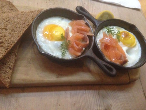 Baked organic eggs with smoked salmon and brown sourdough bread,Best healthy restaurants in London - Healthista eats Charlotte Dormon reveals what she ate this week, by Healthista.com