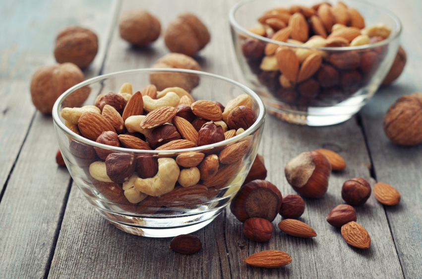 nuts in glass bowls, grocery list to help fight fatigue by healthista.com