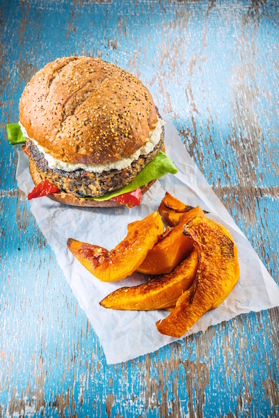 Portobello Pecan Burger with Roasted Pumpkin Wedges by Healthista.com