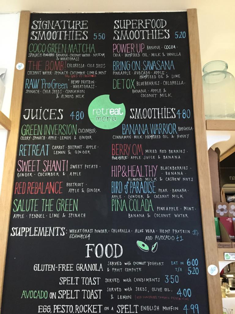 Retreat's menu, organic cafes, by healthista.com