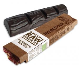 Lovechock Bar packshot Mulberry Vanilla, best vegan chocolate, by healthista.com