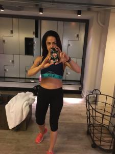 The leggings, sports bra and blue crop top