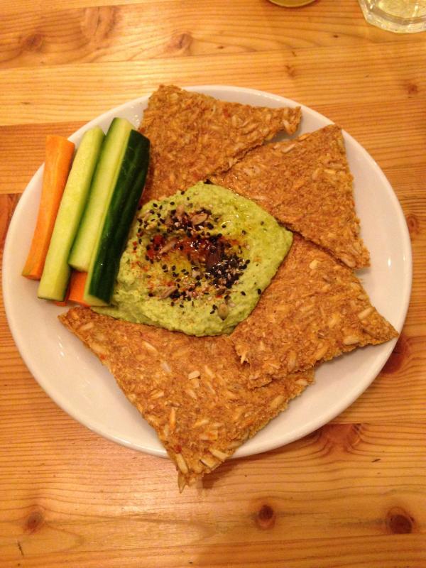 raw seeded crackers and hummus at wildfood cafe raw, vegan restuarant by Healthista