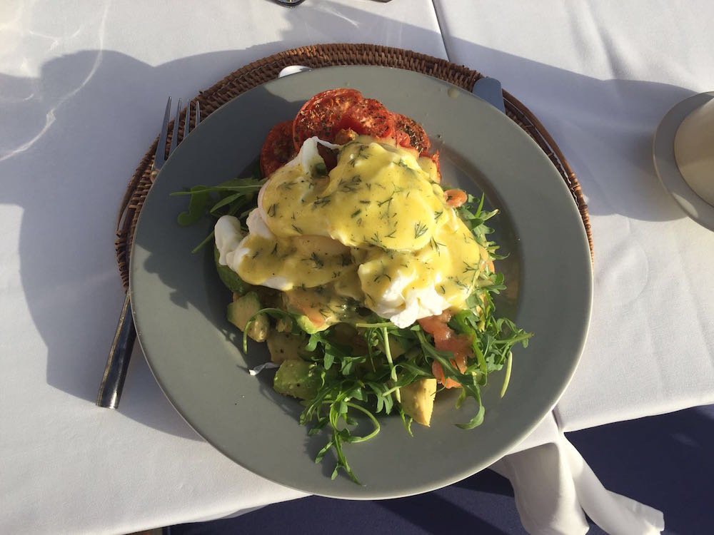 Breakfast on day 6 of poached eggs with dairy-free Hollandaise on a bed of rocket and vegetables