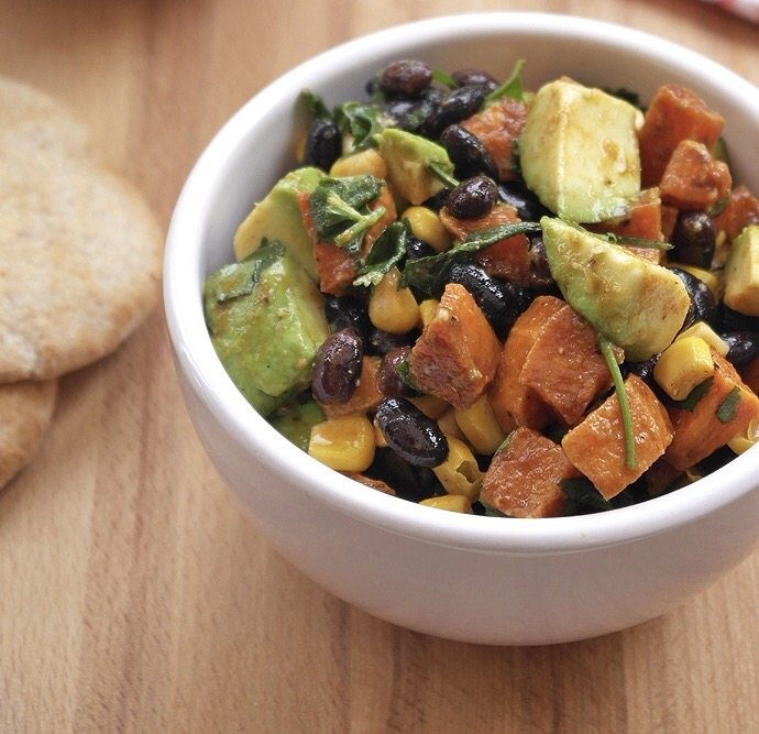 Healthy lunch recipe for women on-the-go- vegan black bean, avocado & sweet potato salad with lime dressing , by healthista.com