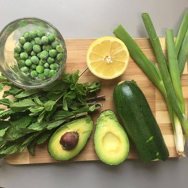 ingredients niomi, meat-free Monday recipe pea and courgette soup by healthista