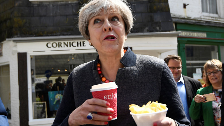 Theresa May with chips on the campaign trail, celebrity trainer secrets by healthista