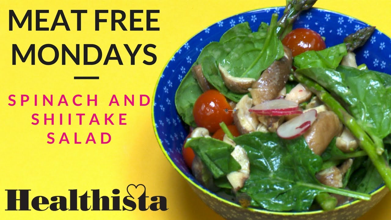 Vegetarian recipe Spinachshiitake salad with yuzuwasabi dressing