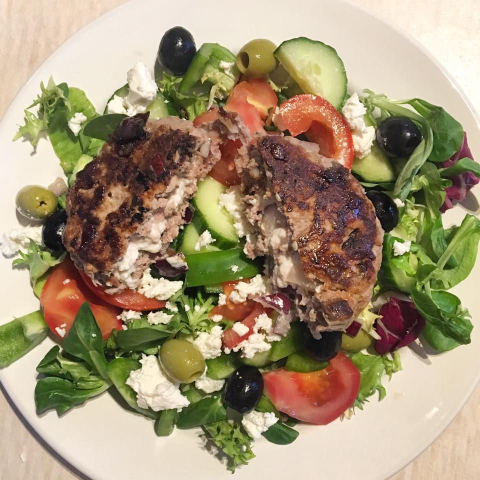 low carb greek salad with lamb feta burger, quick keto meals, by healthista.com2