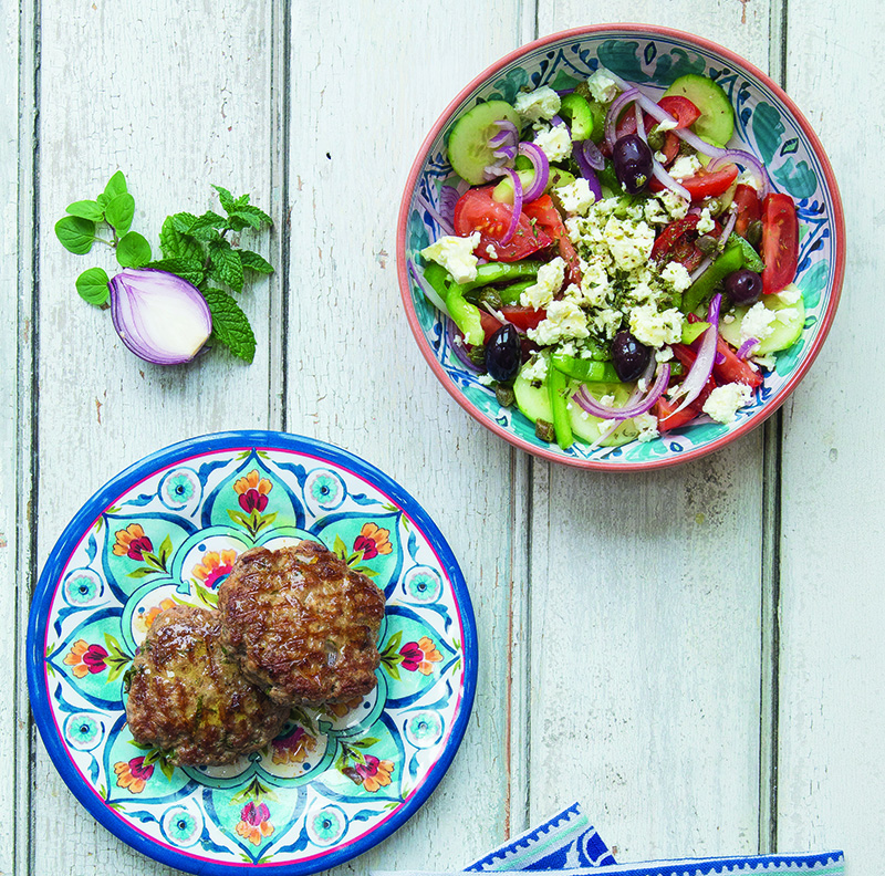 low carb greek salad with lamb feta burger, quick keto meals, by healthista.com