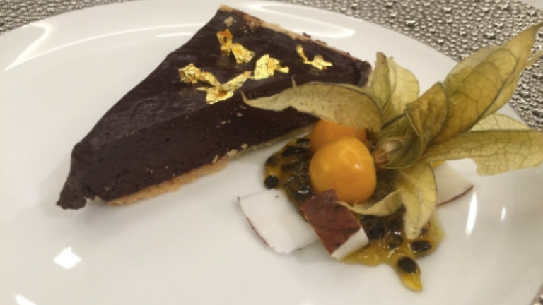 Vegan Dark Chocolate Ganache Tart on a Nut and Coconut Butter Crust with Cardamom Olivier Sanchez Michelin star Healthista