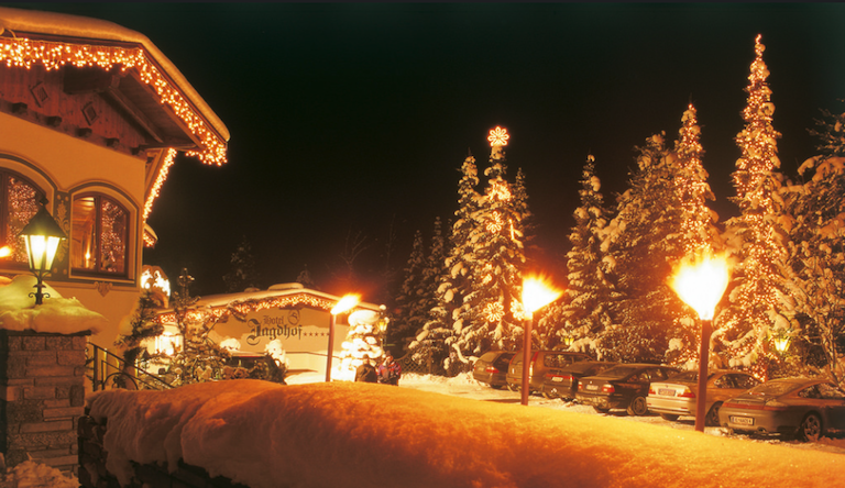 spa and ski, austrian tyrol, outside hotel, night