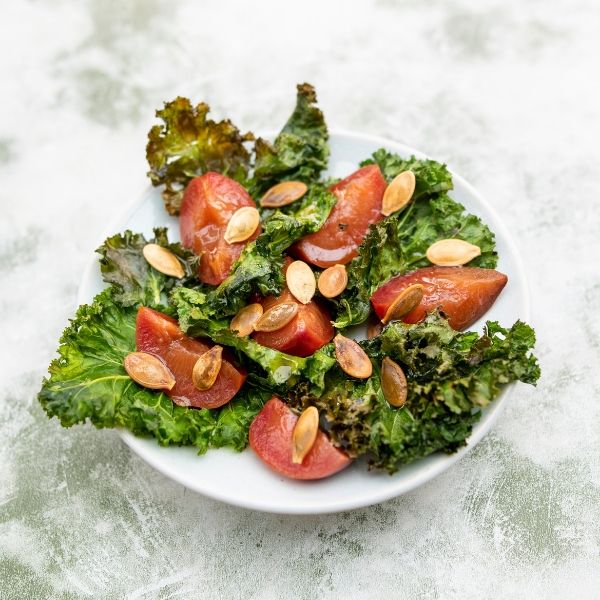 plant-based recipes - mindful kitchen - plum and kale salad