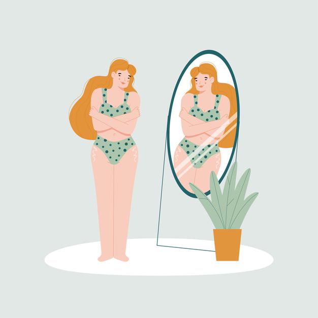 eating disorder cartoon women looking in mirror feature