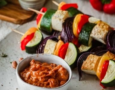 Foodie Friday Smoked tofu and vegetable skewers with spicy peanut dipping sauce FEATURED