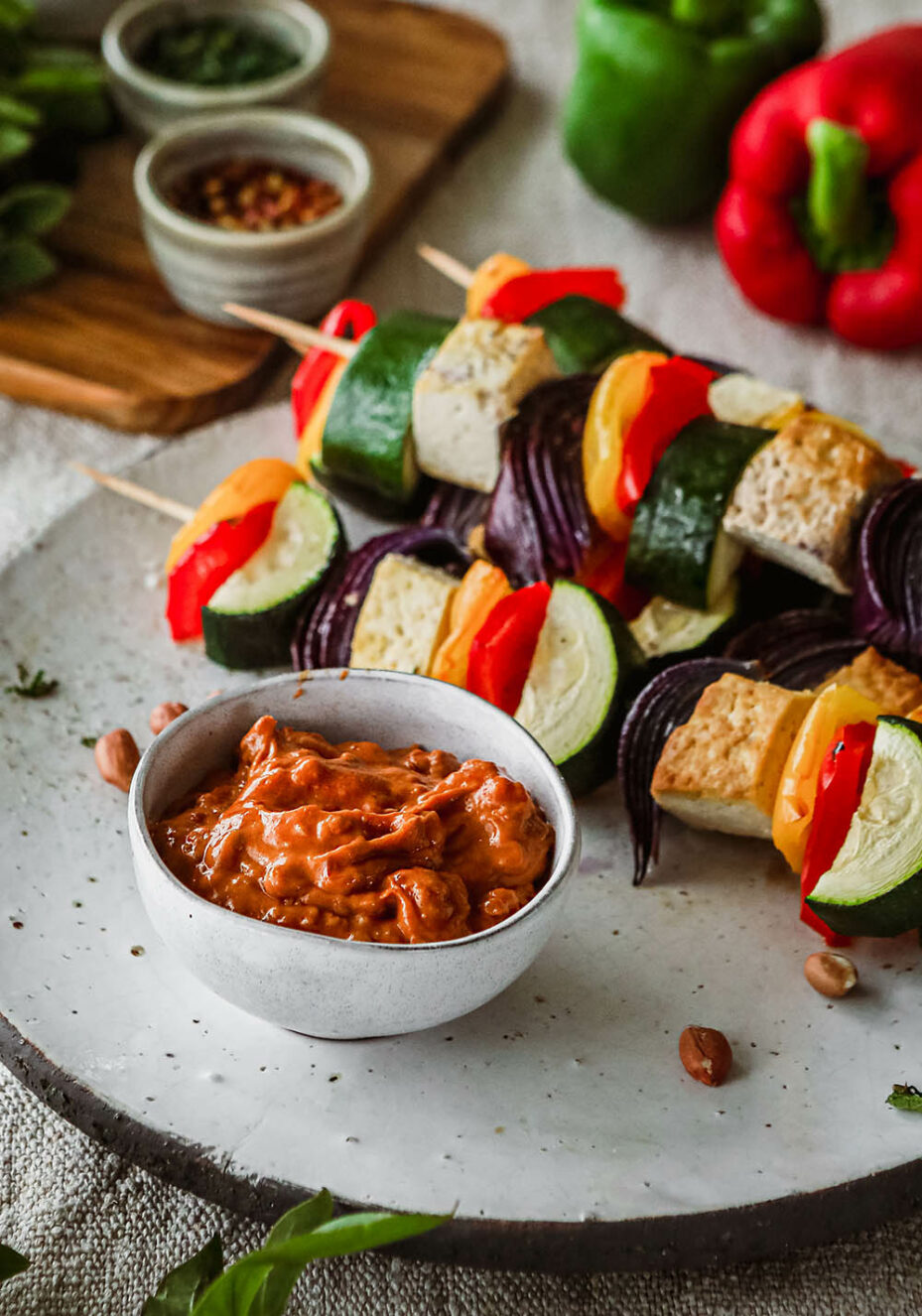 smoked tofu & vegetable skewers with spicy peanut dipping sauce