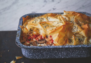 LAYERED MUSHROOM, GOATS’ CHEESE, PEPPER AND CELERIAC PIE diabetes recipe